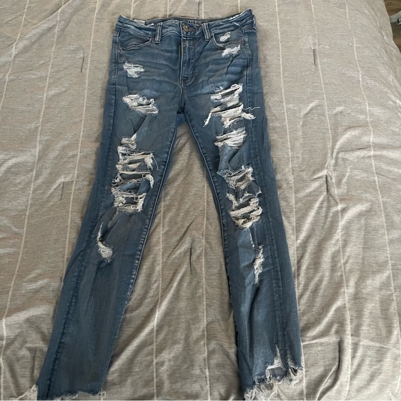 American Eagle Distressed Dark Wash Jeans (Size 12) - Picture 2 of 6